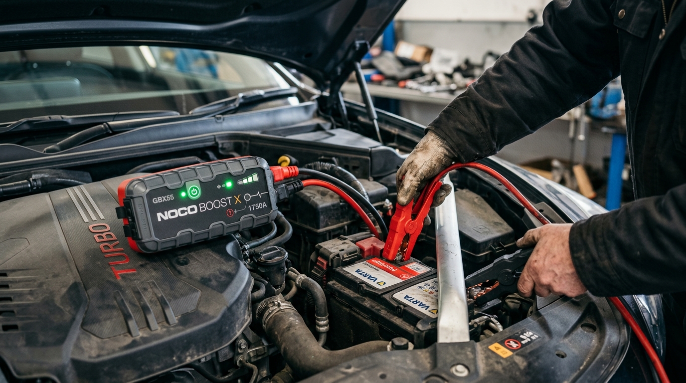 Car battery jumpstarter under hood