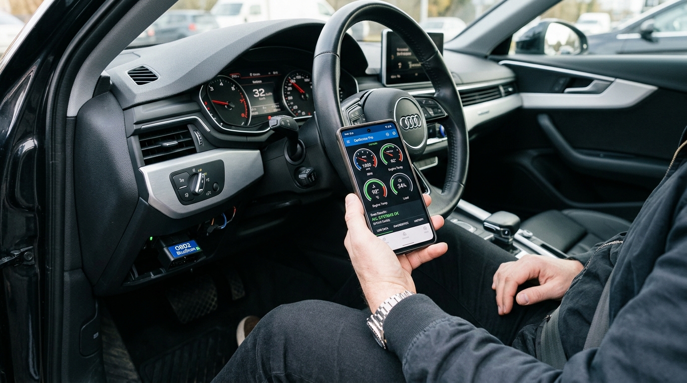 Driver using TOPDON OBD2 scanner in car